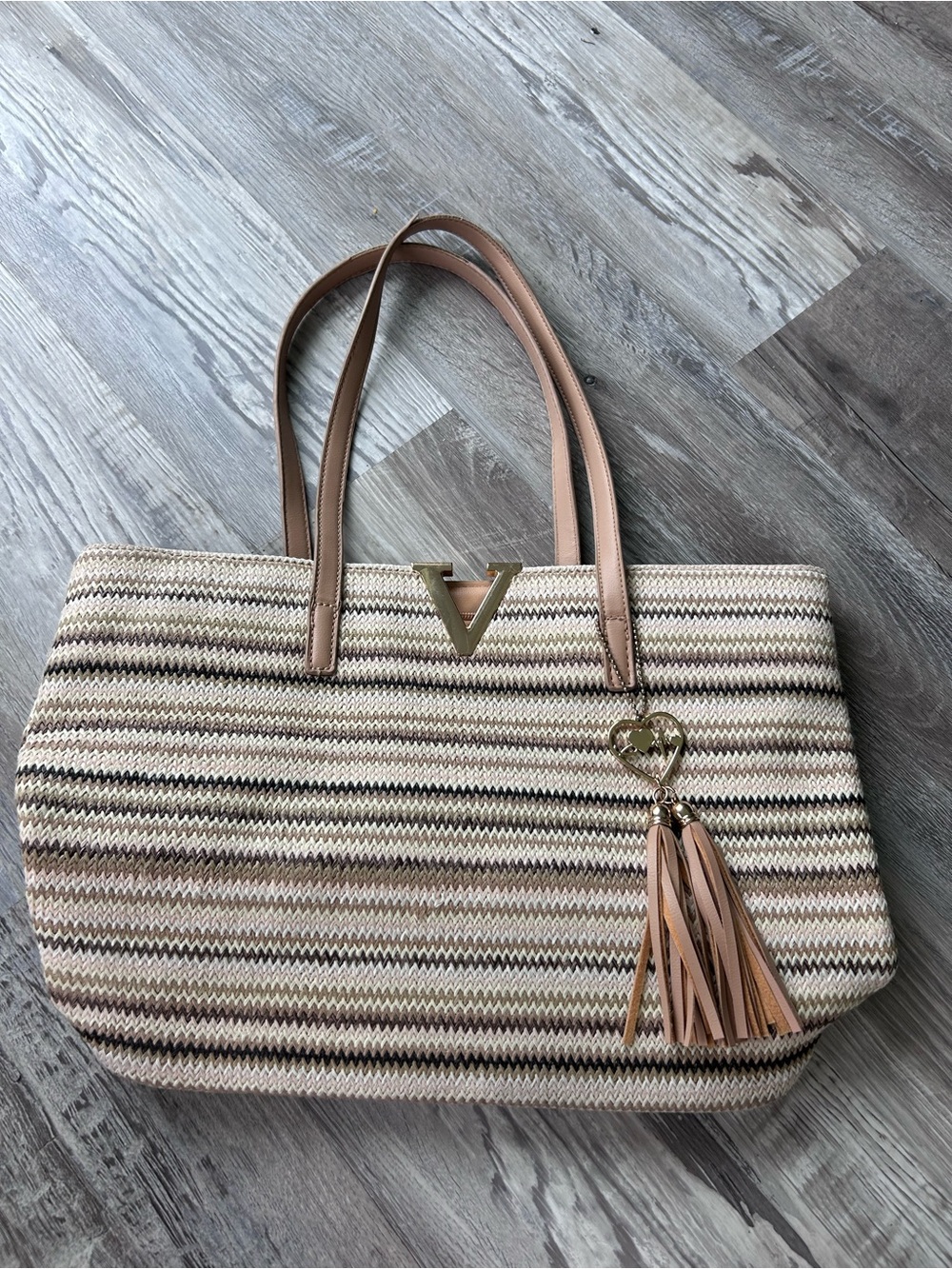 Neutral Striped Tote with Tassel Charm